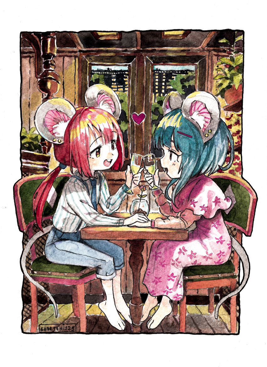 1boy 1girl absurdres alcohol animal_ears barefoot belominas_(eudetenis) blue_hair blue_necktie buck_teeth capelet champagne champagne_flute commentary couple culottes cup dress drinking_glass ear_piercing english_commentary eudetenis eye_contact fewer_digits full_body hair_ornament hairclip heart highres holding_hands husband_and_wife long_hair looking_at_another low_twintails mouse_boy mouse_ears mouse_girl mouse_tail necktie original painting_(medium) piercing pink_capelet pink_dress red_hair restaurant shirt short_hair sitting striped_clothes striped_shirt suspenders tail teeth traditional_media twintails watercolor_(medium)