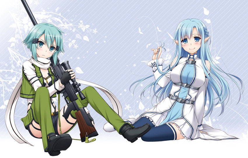 asuna_(sword_art_online) gun gun_gale_online nakajima_yuka pointy_ears sinon sword_art_online thighhighs