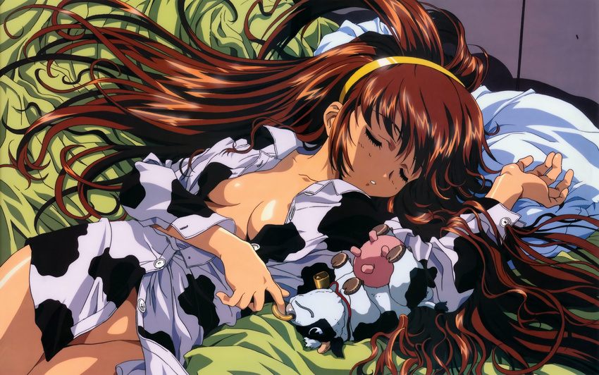 absurdres animal_print battle_athletes bed bottomless brown_hair closed_eyes cow cow_print hairband highres huge_filesize kanzaki_akari kawarajima_kou long_hair lying naked_shirt no_bra no_panties open_clothes open_shirt pillow shirt sleeping stuffed_animal stuffed_toy udder