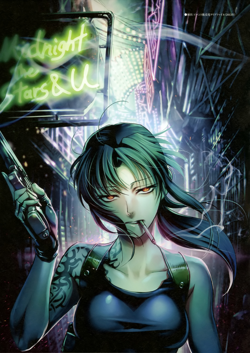 absurdres bare_shoulders black_gloves black_lagoon cigarette collarbone fingerless_gloves gloves glowing glowing_eyes gun highres hiroe_rei holding holding_weapon long_hair looking_at_viewer neon_lights official_art revy_(black_lagoon) scan sleeveless smoking solo tattoo weapon wind yellow_eyes
