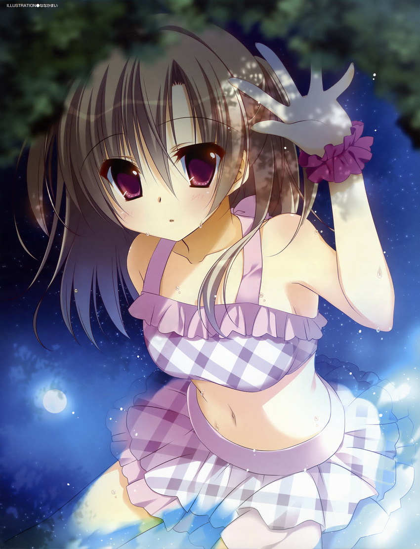 absurdres arm_up artist_name bikini bikini_skirt bow breasts brown_hair collarbone eyebrows_visible_through_hair from_above hair_bow highres long_hair medium_breasts nanaka_mai navel one_side_up original red_eyes sideboob solo stomach swimsuit wet wrist_cuffs
