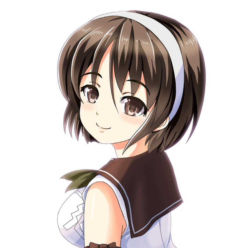 1girl back breasts brown_eyes brown_hair brown_neckwear detached_sleeves eyebrows_visible_through_hair hairband headband highres japanese_clothes kantai_collection large_breasts lips looking_at_viewer looking_to_the_side miko natori_(kantai_collection) neckerchief red_sailor_collar sailor_collar school_uniform serafuku shirt short_hair smile solo tk8d32 upper_body white_background white_hairband white_shirt