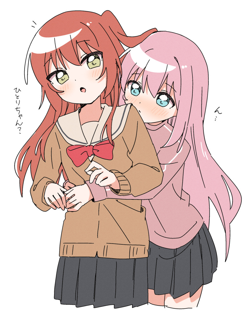 2girls :o black_skirt blue_eyes blush bocchi_the_rock! bow bowtie brown_sweater closed_mouth commentary_request cropped_legs dot_nose gotoh_hitori green_eyes haru_(konomi_150) highres hug hug_from_behind jacket kita_ikuyo long_hair long_sleeves multiple_girls one_side_up open_mouth pink_hair pink_jacket pleated_skirt red_bow red_bowtie red_hair sailor_collar school_uniform serafuku shuka_high_school_uniform simple_background skirt sweater track_jacket translated white_background white_sailor_collar yuri