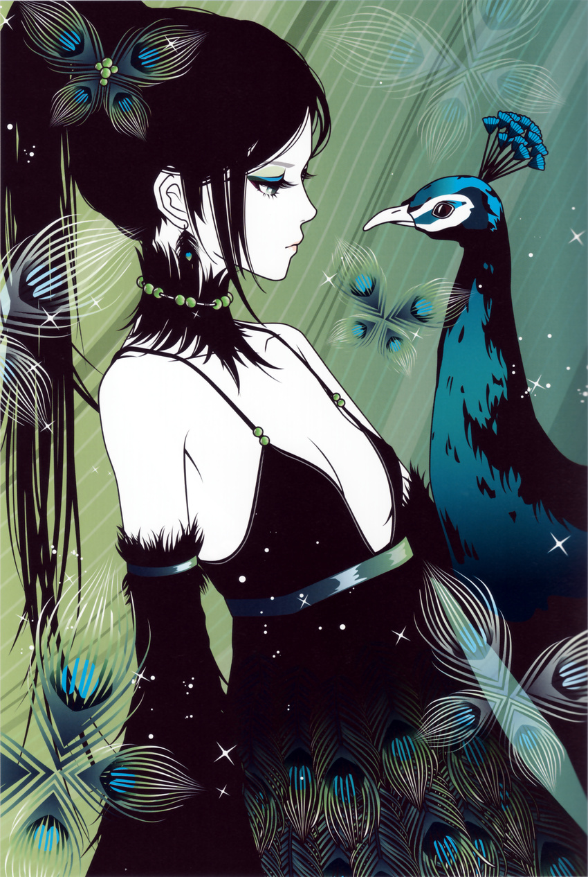 absurdres bird black_dress black_hair blue_eyes breasts bug butterfly cleavage detached_sleeves dress earrings eri_kamijo eye_contact eyeshadow feathers highres insect jewelry long_hair looking_at_another makeup medium_breasts necklace original pale_skin peacock ponytail solo