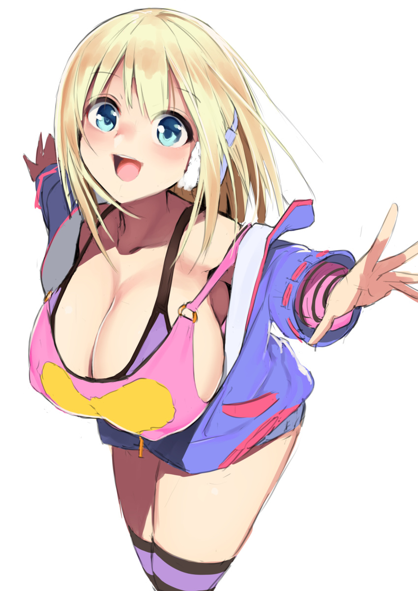 :d absurdres bangs blonde_hair blue_eyes blue_jacket bra breasts cleavage commentary_request erect_nipples eyebrows_visible_through_hair gen_(black_factory) headphones highres hood hood_down hooded_jacket huge_breasts jacket legs_together looking_at_viewer o-ring o-ring_top open_clothes open_jacket open_mouth original outstretched_arms pink_shirt purple_bra shirt simple_background smile standing strap_slip striped striped_legwear thighhighs underwear unzipped upper_teeth white_background zipper