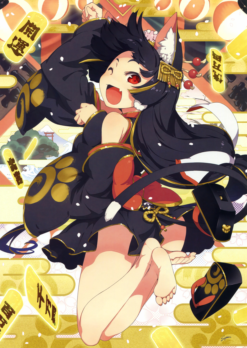 ;d absurdres animal_ears barefoot black_dress black_hair blush crossed_legs detached_sleeves dress egasumi fang feet full_body hair_ornament highres lantern long_hair long_sleeves low-tied_long_hair one_eye_closed open_mouth original paper_lantern paw_pose red_eyes sandals_removed scan sleeveless sleeveless_dress sleeves_past_wrists smile solo sumaki_shungo very_long_hair