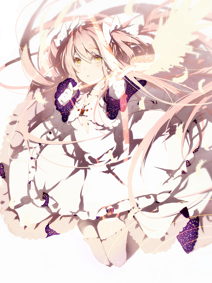 arrow bow_(weapon) breasts cleavage dress eyebrows_visible_through_hair feathered_wings gloves highres holding holding_weapon kaname_madoka long_hair mahou_shoujo_madoka_magica pink_hair pudding_(8008208820) simple_background small_breasts solo thighhighs ultimate_madoka weapon white_background white_dress white_feathers white_gloves white_legwear white_wings wings yellow_eyes