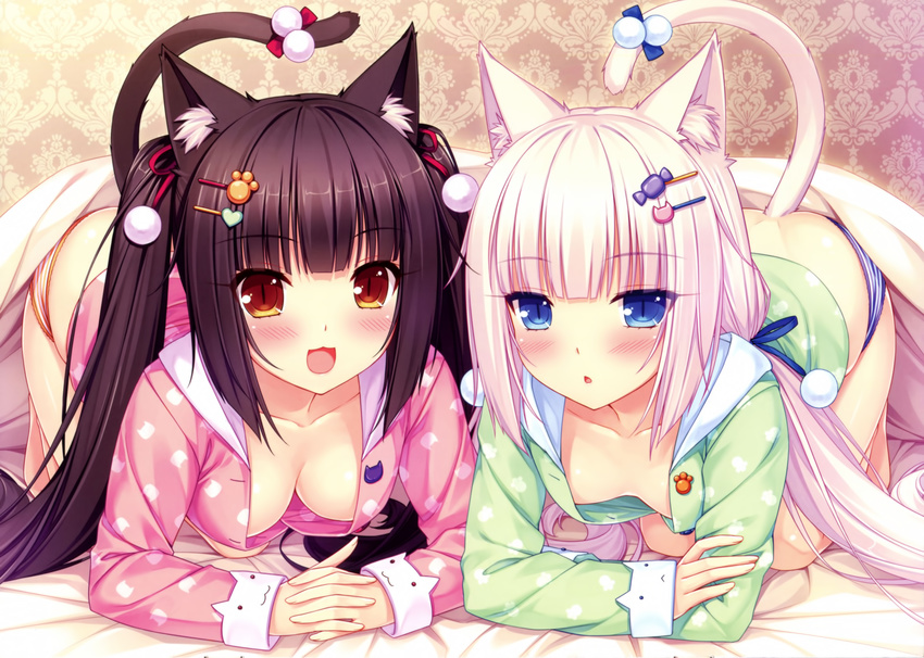 animal_ears chocolat cleavage neko_works nekomimi no_bra pajama pantsu sayori shimapan tail vanilla