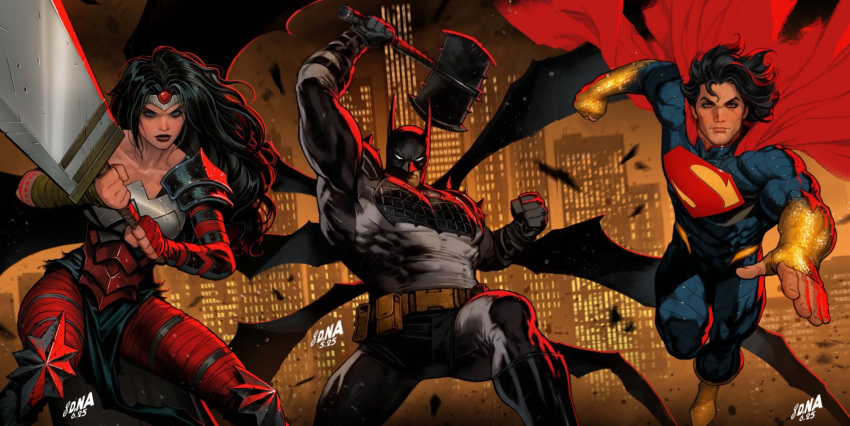 1girl 2boys absolute_batman absolute_dc absolute_superman absolute_wonder_woman amazon_warrior arm_wrap back_spikes bat_mask batman batman_(absolute_dc) batman_symbol belt bodysuit david_nakayama dc_comics grey_bodysuit highres huge_weapon lifting_object multiple_boys muscular muscular_male superhero_costume superman superman_(absolute_dc) superman_logo tattoo tattoo_sleeve taut_bodysuit utility_belt weapon wonder_woman wonder_woman_(absolute_dc)