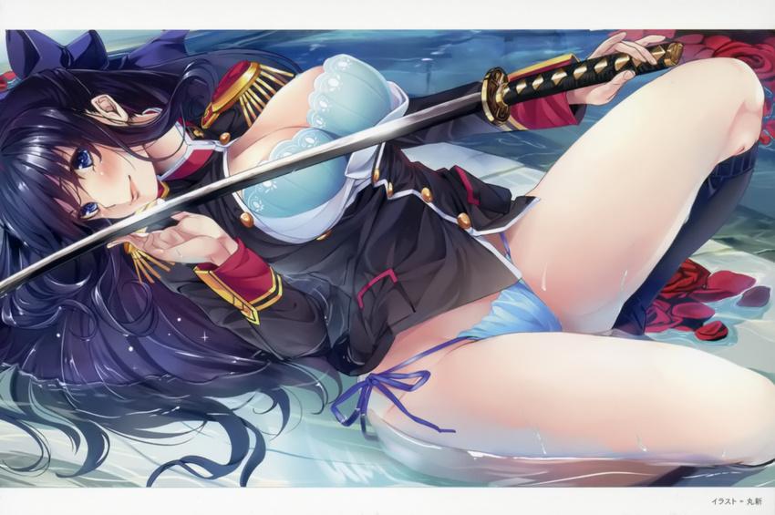 bra cap cleavage endcard marushin open_shirt pantsu ryuuzouji_akane string_panties sword walkure_romanze wet