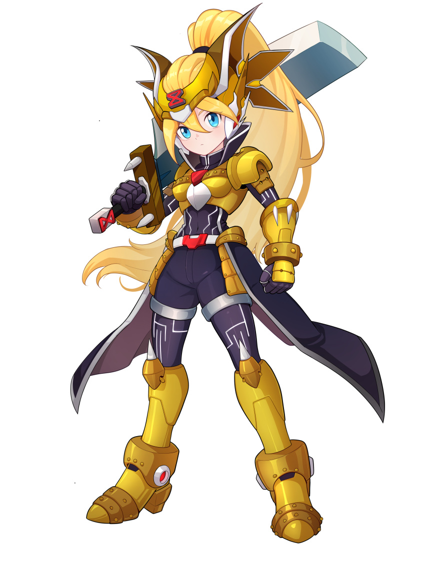 1girl absurdres armor armored_boots armored_shoes belt black_shorts blonde_hair blue_eyes bodysuit boots breastplate cape ciel_(mega_man) clenched_hand commission commissioner_upload helmet highres holding holding_sword holding_weapon looking_at_viewer mega_man_(series) mega_man_zero_(series) mega_man_zx non-web_source over_shoulder shorts standing sword sword_over_shoulder uta_guipiy weapon weapon_over_shoulder winged_helmet