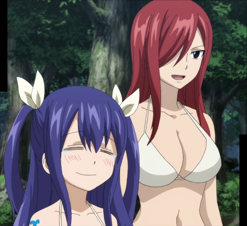 2girls bikini breasts brown_eyes cleavage erza_scarlet fairy_tail large_breasts long_hair multiple_girls red_hair screencap stitched swimsuit tagme third-party_edit