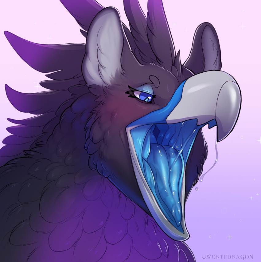 avian beak black_fur blue_eyes blue_flesh feral fur gaping_mouth gryphon mouth_shot open_beak open_mouth purple_fur qwertydragon rein saliva simple_background solo tongue