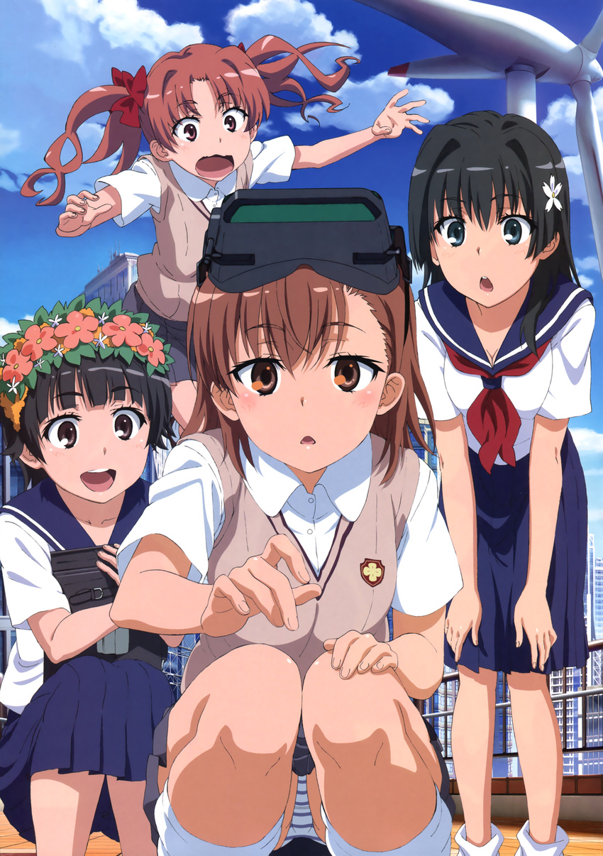 :d absurdres black_hair blush bow brown_eyes brown_hair building cloud collarbone day flower goggles goggles_on_head hair_bow hair_flower hair_ornament hand_on_own_knee head_wreath highres kneehighs leaning_forward long_hair looking_at_another looking_at_viewer misaka_imouto multiple_girls neckerchief number official_art open_mouth outdoors panties pantyshot pantyshot_(sitting) pleated_skirt sakugawa_school_uniform saten_ruiko school_briefcase school_uniform serafuku shirai_kuroko shirt short_sleeves sitting skirt smile squatting striped striped_panties tanaka_yuuichi third-party_edit to_aru_kagaku_no_railgun to_aru_majutsu_no_index tokiwadai_school_uniform triangle_mouth twintails uiharu_kazari underwear upskirt vest white_legwear wing_collar