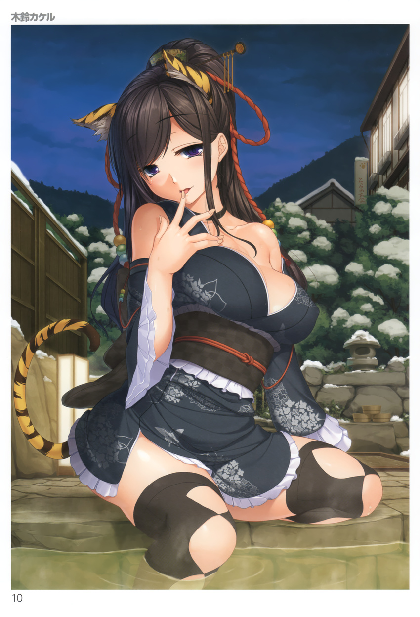 animal_ears cleavage erect_nipples japanese_clothes kimono kirin_kakeru onsen tail thighhighs toranoana