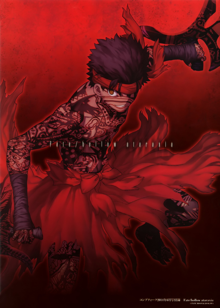 absurdres avenger bandana black_hair brown_eyes copyright_name fate/hollow_ataraxia fate_(series) highres holding holding_weapon looking_at_viewer male_focus official_art smile solo takeuchi_takashi tattoo weapon