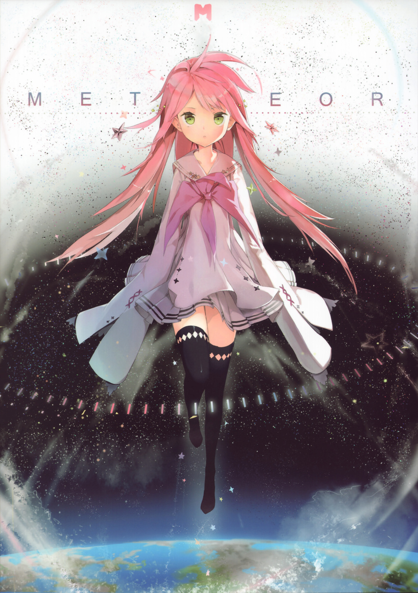 absurdres anmi black_legwear closed_mouth earth full_body green_eyes highres long_hair long_sleeves meteor_(vocaloid) neckerchief original pink_hair pink_neckwear sleeves_past_fingers sleeves_past_wrists solo space star thighhighs very_long_hair vocaloid yellow_eyes zettai_ryouiki