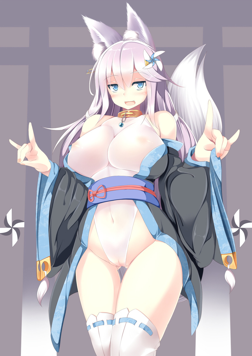 animal_ears atuuy bodysuit cameltoe erect_nipples kimono kitsune open_shirt see_through tail thighhighs