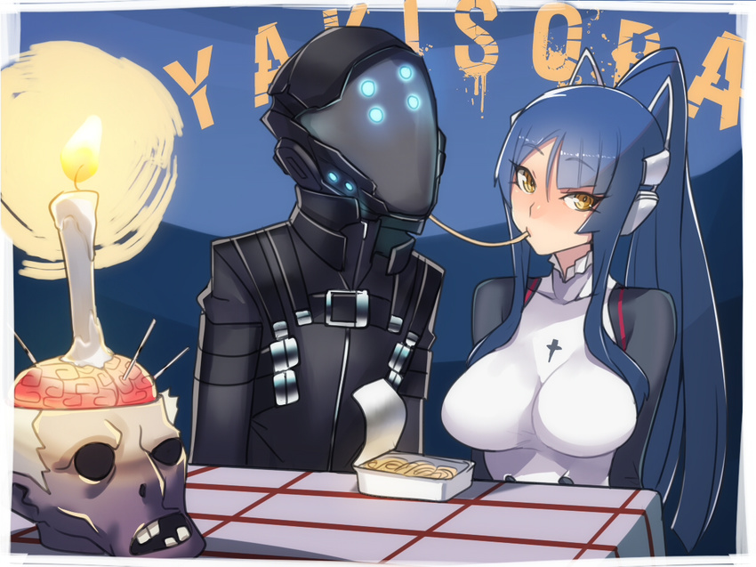 1girl ban blue_hair brain breasts candle candlelight collarbone eating food gijou_mitsumi helmet lady_and_the_tramp large_breasts long_hair looking_at_viewer nagaoka_souun parody pasta ponytail skin_tight skull spaghetti tokyo_necro yakisoba yellow_eyes