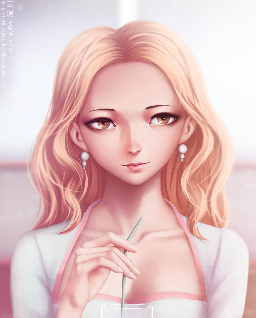 artist_name bad_id bad_pixiv_id breasts brown_eyes cleavage closed_mouth collarbone cup drinking_glass drinking_straw earrings ebihara_ai fingernails glass grey_background highres holding jewelry lips looking_at_viewer medium_breasts miura-n315 persona persona_4 shirt simple_background smile solo watermark wavy_hair web_address white_shirt