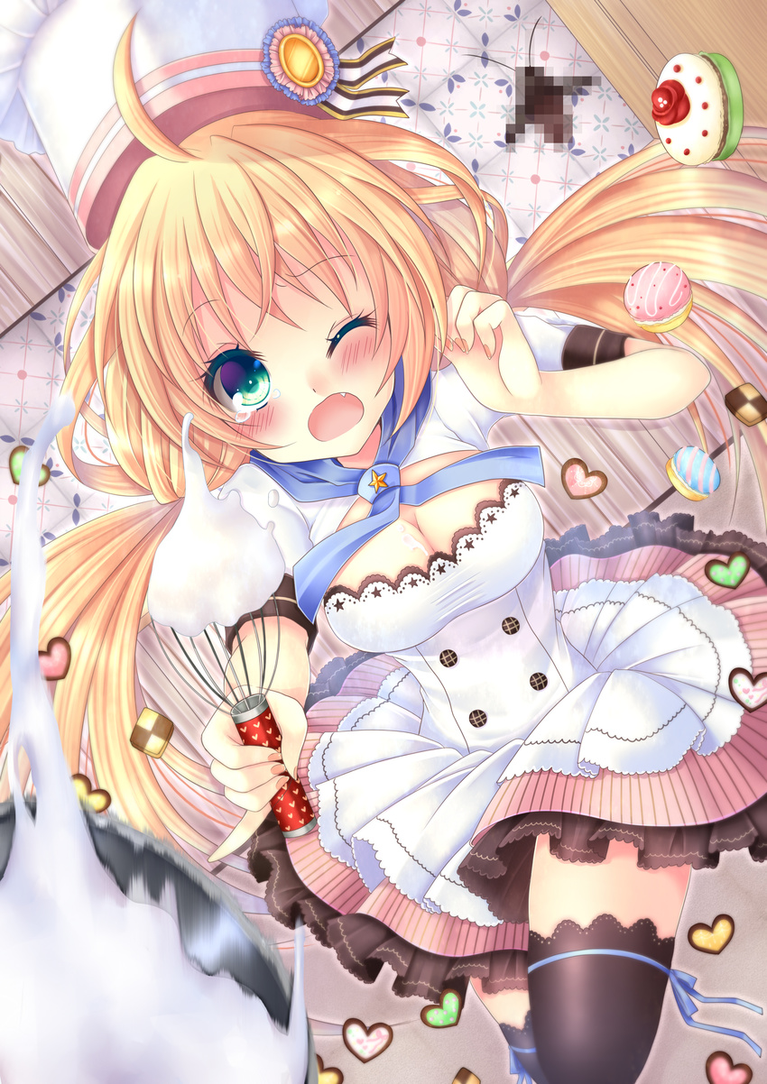 absurdres accident blonde_hair blush breasts chef_hat cleavage fang green_eyes hat highres long_hair medium_breasts meiya_neon moe2016 motion_blur one_eye_closed open_mouth original solo thighhighs whisk