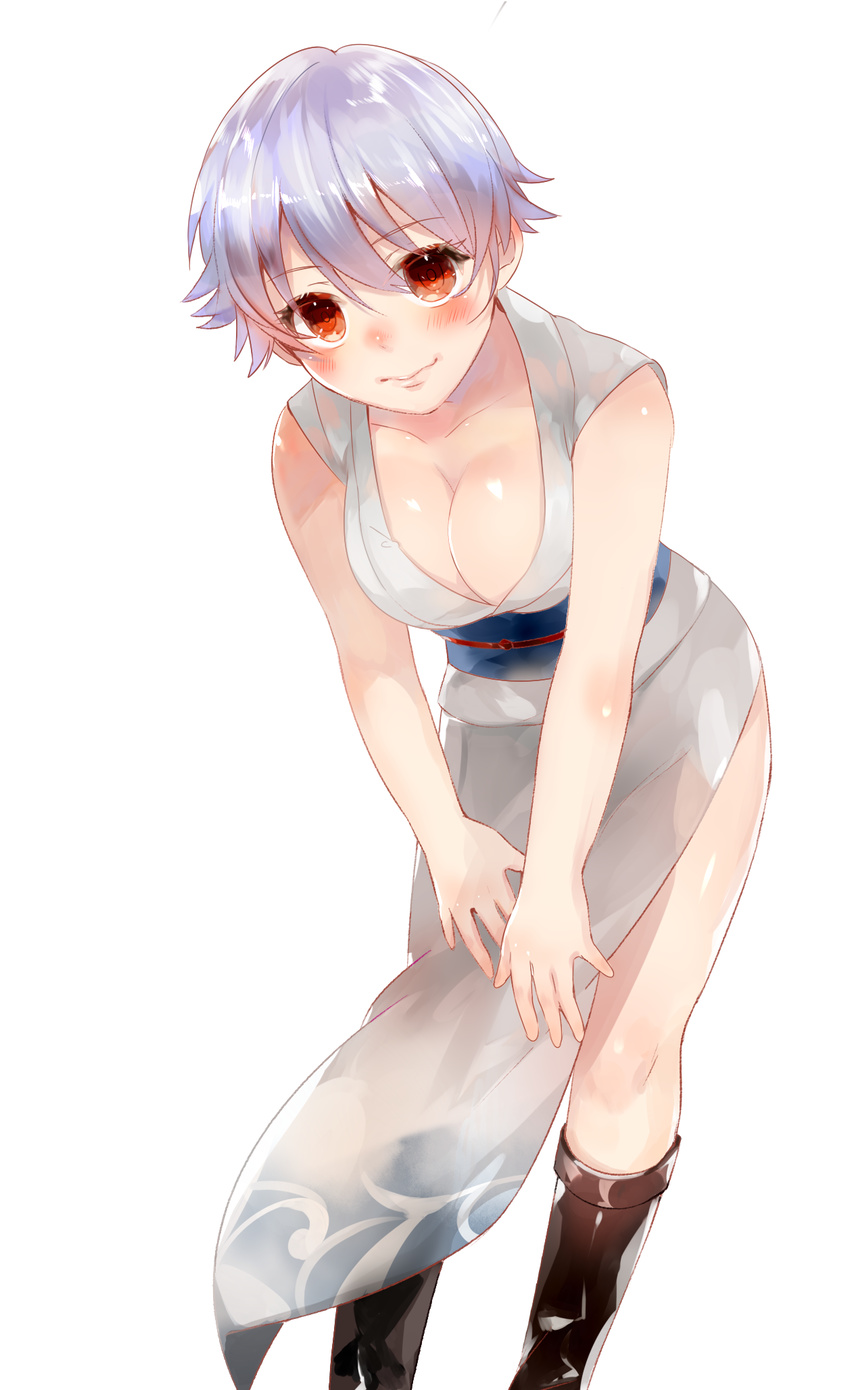 bent_over boots breasts cleavage genderswap genderswap_(mtf) gintama highres japanese_clothes kimono medium_breasts red_eyes sakata_ginko sakata_gintoki short_hair silver_hair simple_background solo sonohara_saori white_background