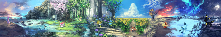 absurdres anniversary aurora autumn back bare_tree blue_sky building cherry_blossoms city closed_eyes cloud eevee espeon field flareon flower flower_field forest forked_tail gen_1_pokemon gen_2_pokemon gen_4_pokemon gen_6_pokemon glaceon grass highres hydrangea jolteon lake leafeon long_image looking_at_another looking_up moon nature night night_sky no_humans ocean outdoors petals pine_tree pippi_(pixiv_1922055) pokemon pokemon_(creature) rain road rock seasons sky snow snowing spring_(season) stream street summer sunflower sunset sylveon tail tree umbreon vaporeon water waterfall wide_image winter