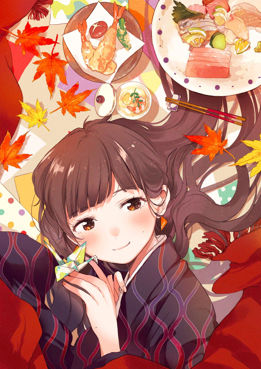 brown_eyes brown_hair chopsticks fly_(marguerite) food highres japanese_clothes leaf long_hair maple_leaf mole mole_under_eye origami paper_crane solo sushi tempura