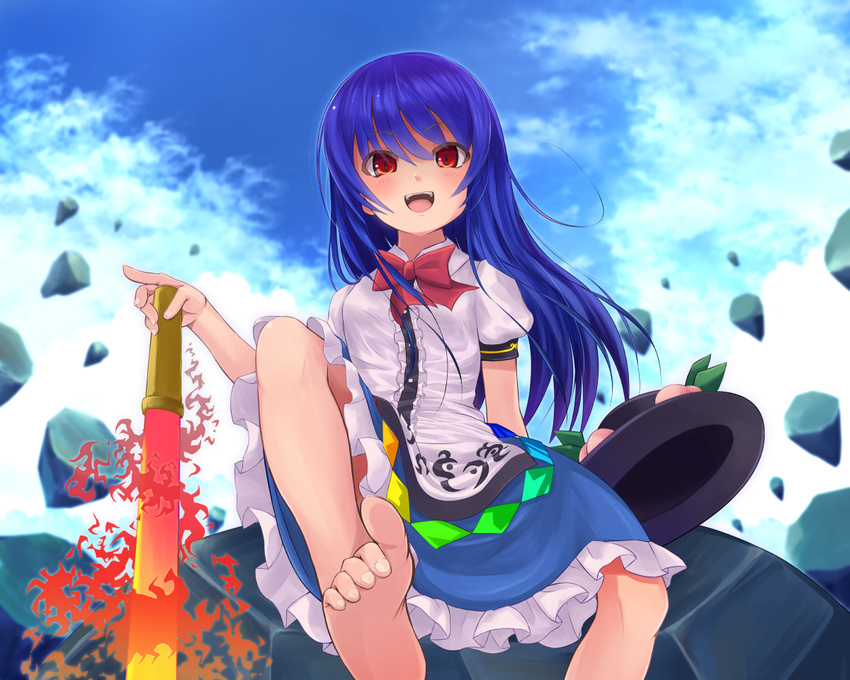 bad_id bad_pixiv_id barefoot blue_hair dress feet floating_rock food fruit hat hat_removed headwear_removed hinanawi_tenshi long_hair looking_at_viewer nekomiyanono peach red_eyes smile solo sword_of_hisou toe-point touhou