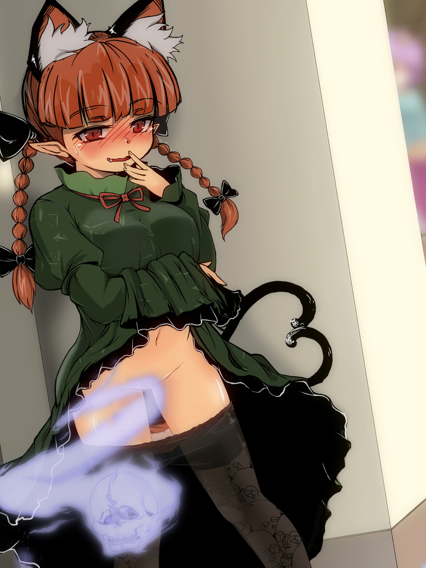 animal_ears black_legwear blush bow braid breasts cat_ears cat_tail censored convenient_censoring dress emanon extra_ears fang green_dress hair_bow heart heart_tail highres kaenbyou_rin komeiji_satori large_breasts long_hair long_sleeves looking_at_viewer multiple_tails navel open_mouth panties panties_under_pantyhose pantyhose pantyhose_pull pointless_censoring pointy_ears print_legwear pubic_hair pussy red_eyes red_hair revision see-through skull skull_print smile solo tail thighband_pantyhose touhou twin_braids underwear