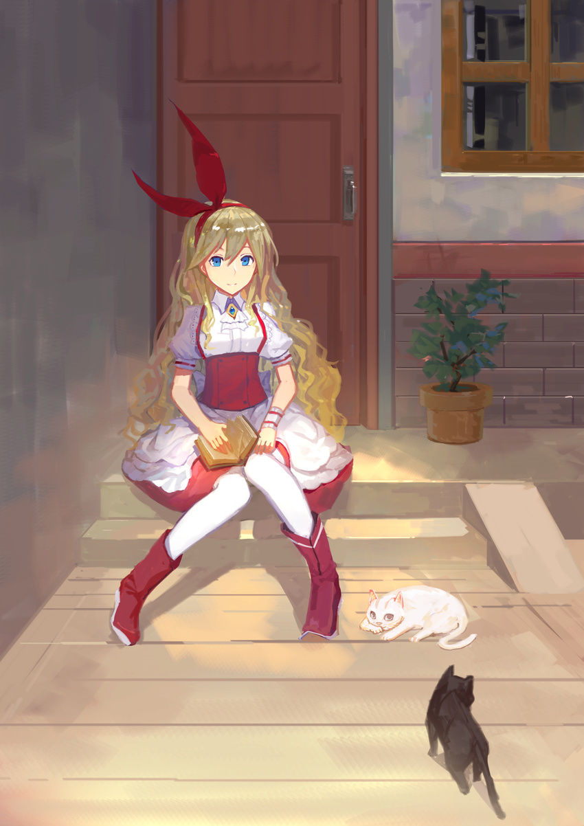 absurdres apron ascot blonde_hair blue_eyes book boots cat door dress ellen full_body hairband highres lamase_(41) long_hair looking_at_viewer open_book outdoors puffy_sleeves red_footwear short_sleeves sitting smile sokrates_(touhou) stairs touhou touhou_(pc-98) waist_apron wrist_cuffs