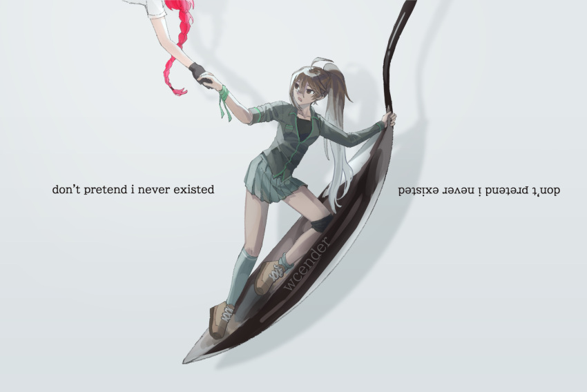 2girls ahoge arm_ribbon artist_name bandaid bandaid_on_face bandaid_on_nose black_gloves black_shirt braid braided_ponytail brown_eyes brown_hair brown_shoes collared_jacket danganronpa:_despair_time english_text gloves grabbing_another's_hand gradient_hair green_ribbon green_skirt green_socks green_trim grey_hair grey_jacket hair_between_eyes high_ponytail highres holding holding_spoon jacket knee_strap kneehighs long_hair long_sleeves mai_akasaki multicolored_hair multiple_girls out_of_frame oversized_object oversized_spoon parted_lips ponytail red_hair ribbon shirt shoes short_sleeves single_sidelock skirt sleeves_rolled_up sneakers socks socks_rolled_down solo_focus spoon teruko_tawaki upside-down_text very_long_hair wcender white_shirt