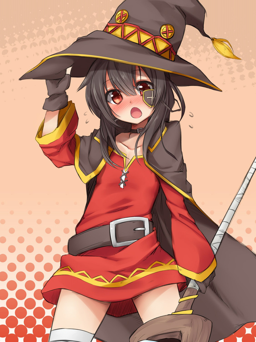 bandages belt black_hair black_legwear blush brll cape collar commentary dress eyepatch eyepatch_pull fingerless_gloves flying_sweatdrops gloves hat highres kono_subarashii_sekai_ni_shukufuku_wo! looking_at_viewer megumin open_mouth red_dress red_eyes scepter short_hair single_thighhigh solo staff thighhighs witch_hat