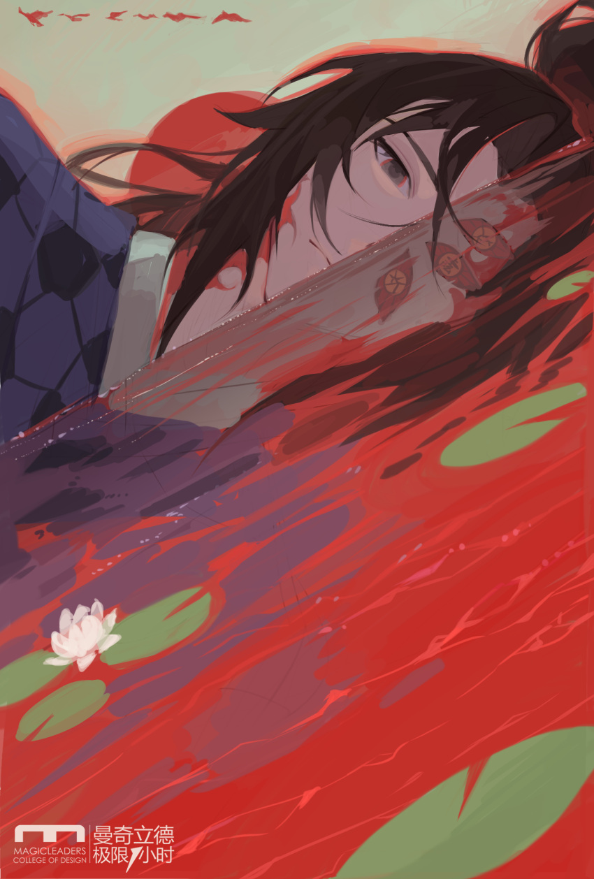 1boy bird brown_hair commentary_request extra_eyes facial_tattoo flower high_ponytail highres japanese_clothes katsuyaatorz kimetsu_no_yaiba kimono kokushibou lily_pad long_hair looking_at_viewer male_focus ponytail sky solo sun tattoo water