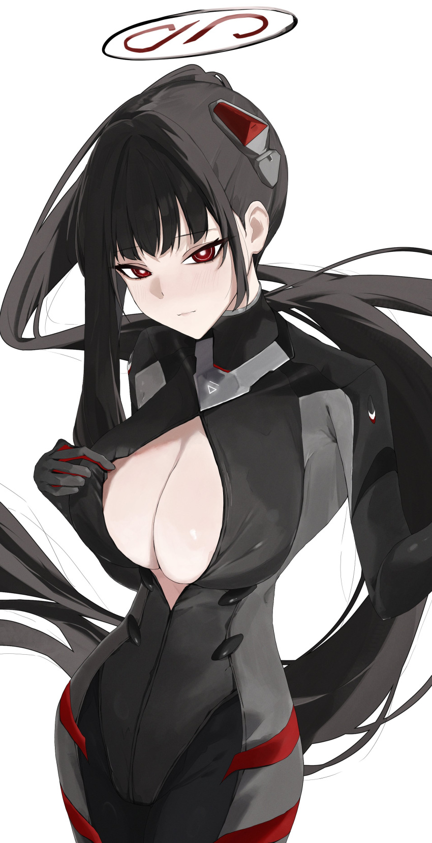 1girl absurdres black_bodysuit black_gloves black_hair black_halo blue_archive bodysuit closed_mouth gloves halo headgear high_collar high_ponytail highres icetabetaaii long_hair looking_at_viewer multicolored_halo open_bodysuit open_clothes ponytail red_eyes red_halo rio_(armed)_(blue_archive) rio_(blue_archive) simple_background solo standing two-tone_halo white_background
