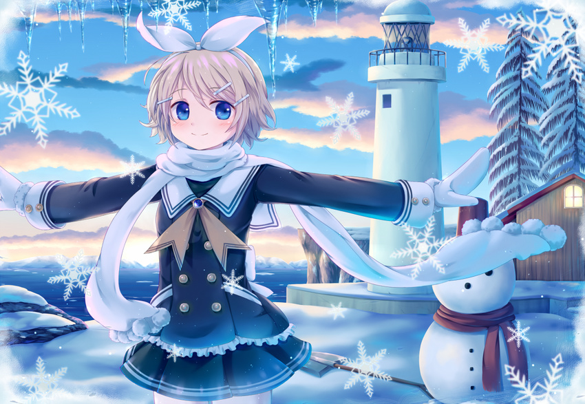 bangs black_jacket black_skirt blonde_hair blue_eyes building cliff cloud cowboy_shot double-breasted frills gloves hair_ornament hair_ribbon hairclip house icicle jacket kagamine_rin lighthouse long_sleeves looking_away looking_to_the_side miniskirt neckerchief outdoors outstretched_arms pine_tree ribbon sailor_collar sakakidani scarf short_hair shovel skirt sky smile snow snowflakes snowing snowman solo spread_arms tree vocaloid water white_gloves white_scarf winter winter_clothes