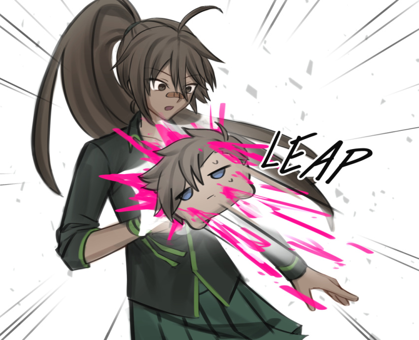 1boy 1girl ahoge arm_ribbon bandaid bandaid_on_face bandaid_on_nose blob blood blood_splatter blue_eyes brown_eyes brown_hair chibi collared_jacket danganronpa:_despair_time emphasis_lines english_text expressionless green_ribbon green_skirt green_trim grey_jacket hair_between_eyes hand_up high_ponytail jacket jumping levi_fontana long_hair parted_lips pink_blood ponytail ribbon simple_background single_sidelock skirt sleeve_rolled_up sound_effects spiked_hair surprised sweatdrop teruko_tawaki wcender white_background