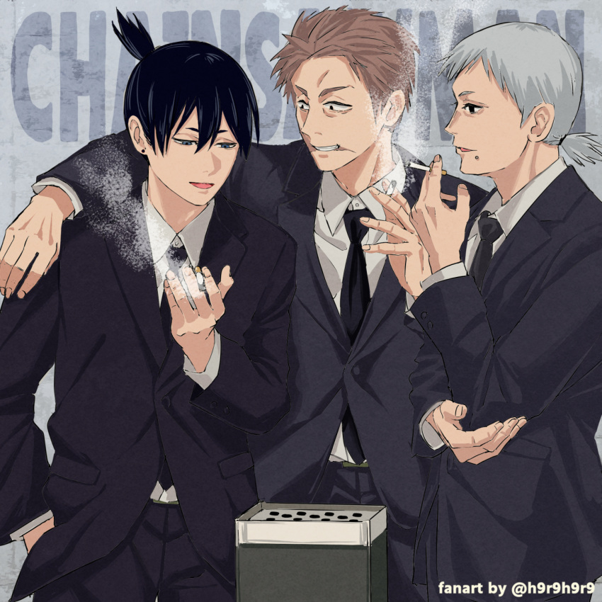 3boys arm_around_another's_back belt_buckle black_hair black_necktie blue_eyes brown_eyes brown_hair buckle chainsaw_man cigarette collared_shirt commentary_request copyright_name english_text grey_hair hair_between_eyes hayakawa_aki high_ponytail highres jacket low_ponytail male_focus multiple_boys necktie piercing ponytail sabakan5555 shirt smile smoke smoking suit suit_jacket suit_pants teth white_shirt