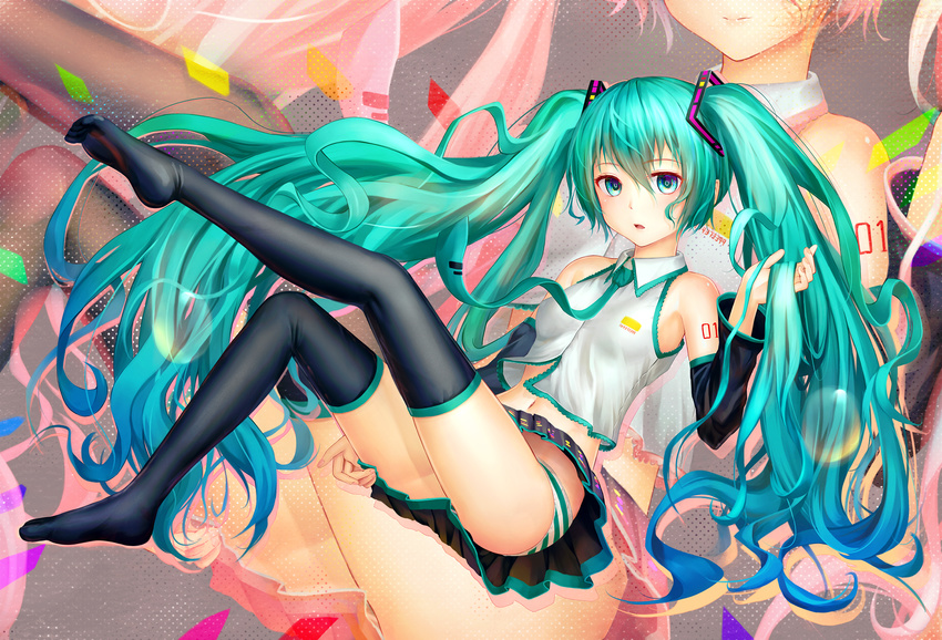 aki99 aqua_eyes aqua_hair bare_shoulders black_legwear blue_hair detached_sleeves gradient_hair hand_in_hair hatsune_miku highres holding holding_hair legs long_hair long_legs looking_at_viewer midriff multicolored_hair navel necktie no_shoes panties pink_hair pleated_skirt revision sitting skirt solo striped striped_panties thighhighs twintails underwear very_long_hair vocaloid zoom_layer