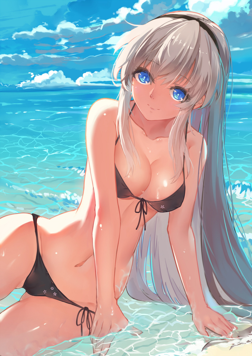 arm_support baisi_shaonian bare_shoulders bikini black_bikini blue_eyes breasts cameltoe clannad cleavage cloud collarbone day groin hairband highres looking_at_viewer medium_breasts navel partially_submerged sakagami_tomoyo side-tie_bikini sky smile solo swimsuit water