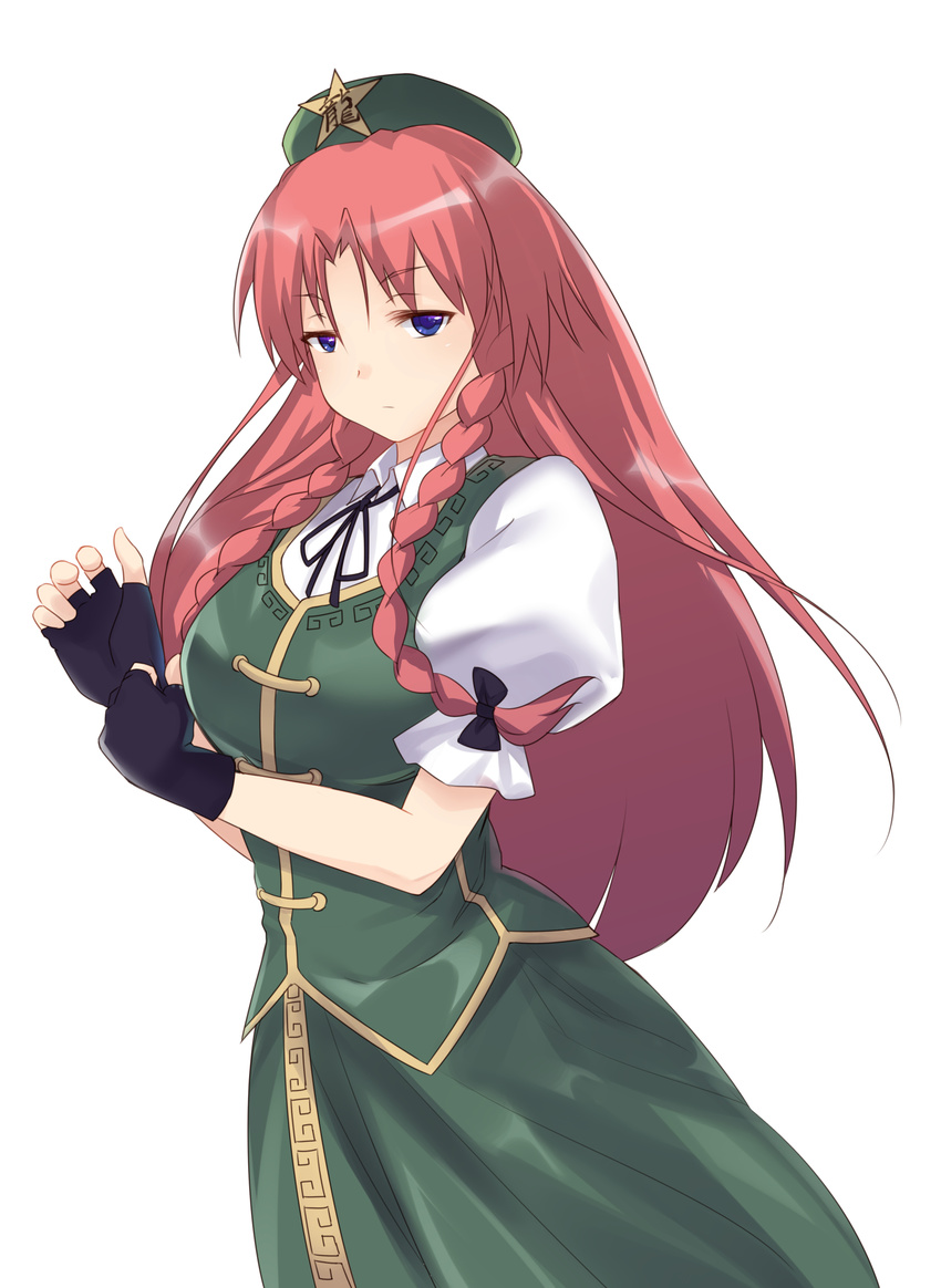 bad_id bad_pixiv_id black_gloves blue_eyes braid fingerless_gloves gloves hat highres hong_meiling long_hair looking_at_viewer puffy_short_sleeves puffy_sleeves red_hair shirt short_sleeves skirt skirt_set solo star touhou twin_braids very_long_hair vest x&amp;x&amp;x