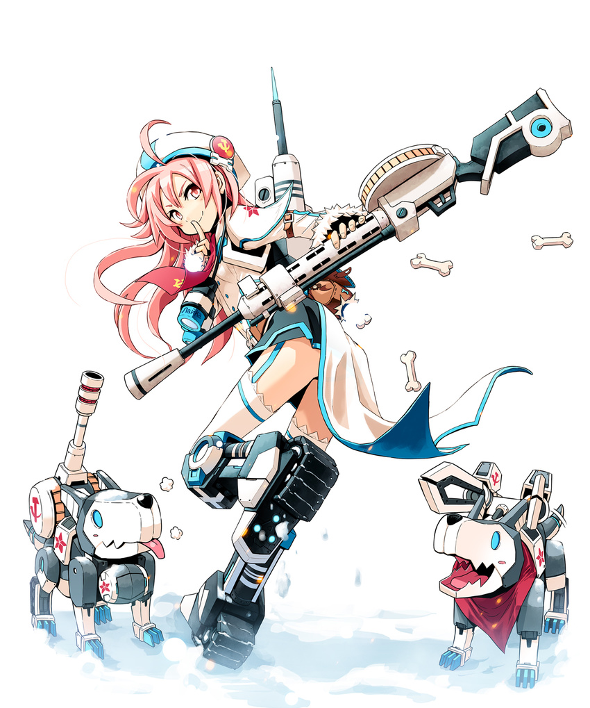 arm_belt bandana beret binoculars caterpillar_tracks cosmic_break dog dog_biscuit finger_to_mouth garter_straps grey_skirt gun hammer_and_sickle hat highres laika_volkova long_hair looking_at_viewer looking_back machine_gun machinery mecha_musume miniskirt necktie pink_eyes pink_hair red_neckwear red_star robot running skirt thighhighs weapon white_background white_hat white_legwear white_uniform zettai_ryouiki