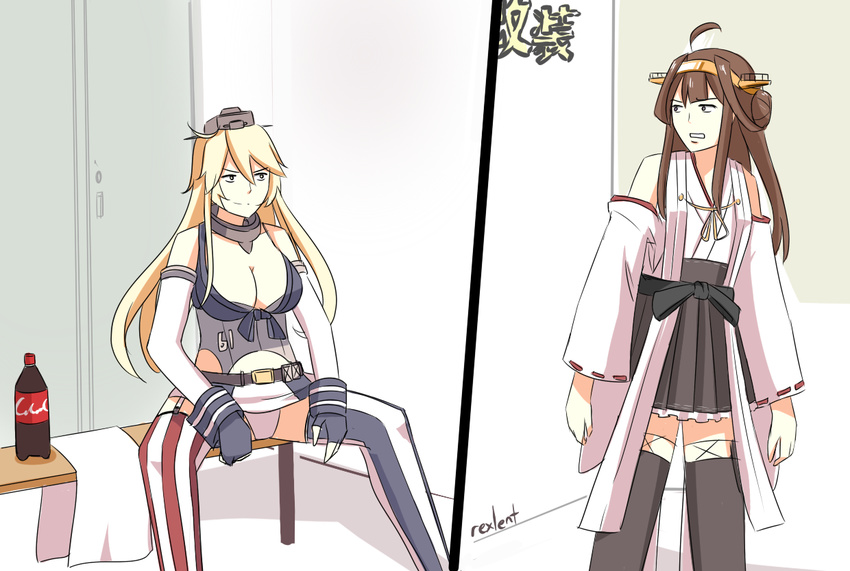 ahoge artist_name blonde_hair breasts brown_hair coca-cola commentary detached_sleeves double_bun fingerless_gloves gachimuchi gloves hairband headgear iowa_(kantai_collection) kantai_collection kongou_(kantai_collection) large_breasts leatherclub_scene locker locker_room long_hair mark_wolff meme multiple_girls nontraditional_miko panties pantyshot pantyshot_(sitting) parody real_life rexlent sitting underwear van_darkholme