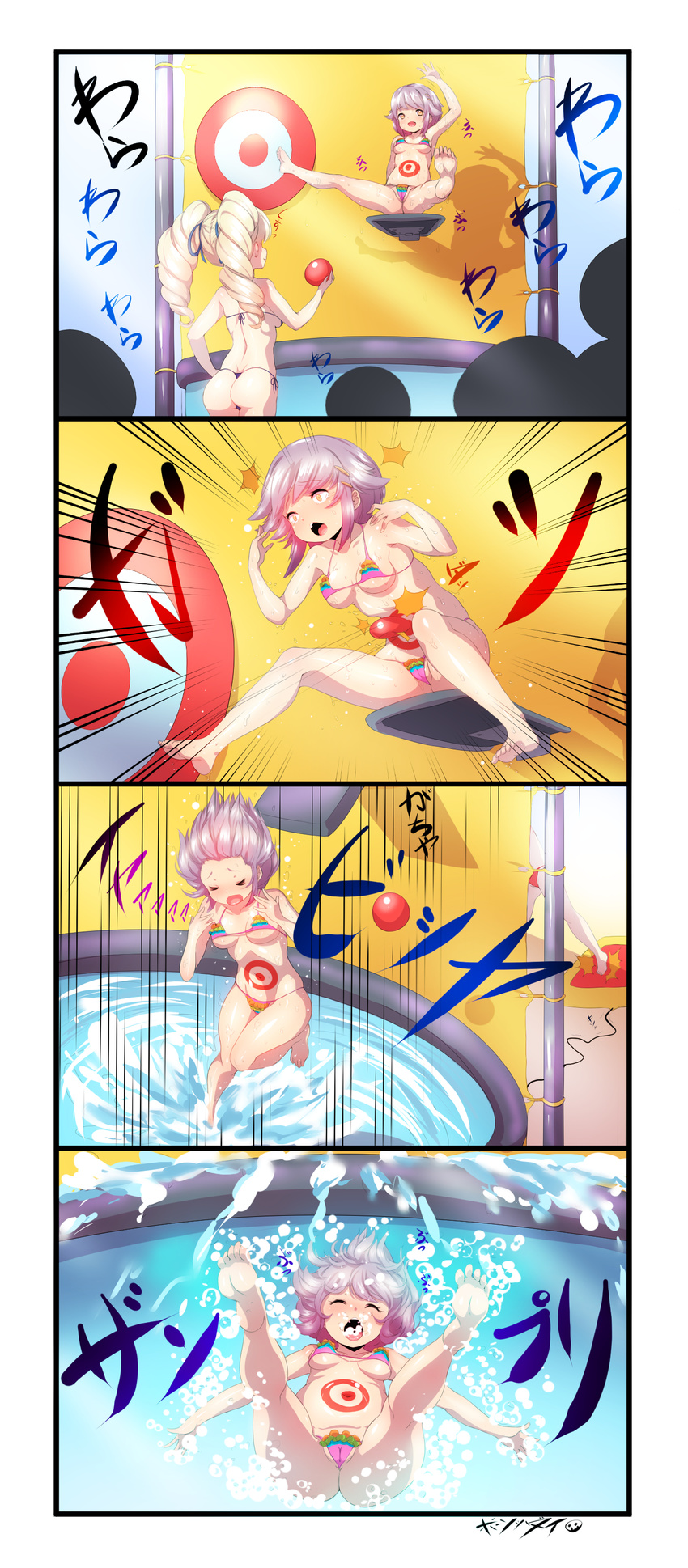 4koma absurdres barefoot bikini blush born-to-die breasts brown_eyes comic drill_hair dunk_tank falling feet grey_hair hair_ornament hairclip highres hitting medium_breasts midriff multiple_girls navel purple_hair short_hair soles spread_legs stomach submerged swimsuit tattoo throwing toes twintails underwater water