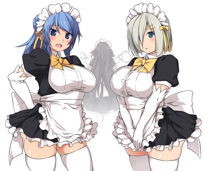 :d :o alternate_costume apron arms_behind_back black_dress black_hair blue_eyes blue_hair blush bow bowtie breasts chestnut_mouth cup dress elbow_gloves enmaided gloves hair_bun hair_ornament hair_over_one_eye hair_ribbon hairclip hamakaze_(kantai_collection) holding isokaze_(kantai_collection) kantai_collection kuronyan large_breasts long_hair looking_at_viewer maid maid_headdress multiple_girls open_mouth puffy_short_sleeves puffy_sleeves ribbon round_teeth shiny shiny_skin short_hair short_sleeves silver_hair simple_background smile standing tareme teacup teapot teeth thighhighs thighs urakaze_(kantai_collection) v_arms very_long_hair white_background white_gloves white_legwear yellow_bow yellow_neckwear yellow_ribbon