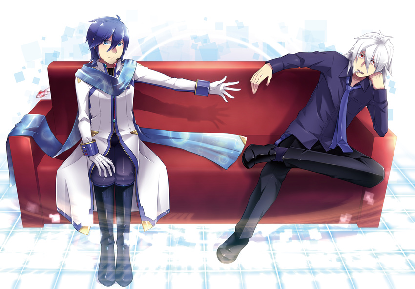 ahoge aqua_eyes aqua_hair arm_support blue_eyes blue_hair blue_scarf boots caffein cigarette collarbone commentary_request couch fish full_body gloves head_rest headphones highres honne_dell kaito kaito_(vocaloid3) long_sleeves looking_at_viewer male_focus multiple_boys necktie on_couch outstretched_arm ponytail red_eyes scarf short_hair silver_hair sitting smoking vocaloid voyakiloid white_gloves