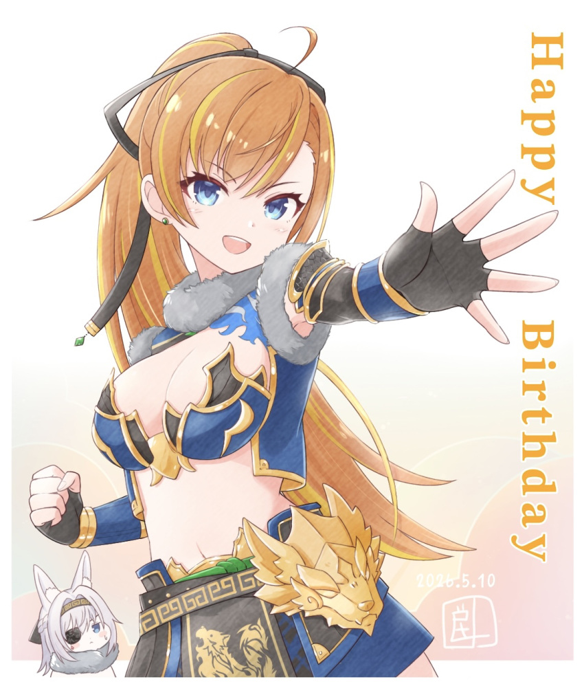 2girls :< :d ahoge animal animal_ear_fluff animalization armor artist_name assault_lily bikini_armor black_gloves black_hairband black_ribbon blonde_streaks blue_jacket blue_skirt blush braid breasts clenched_hand closed_mouth commentary_request cowboy_shot crop_top dated earrings eyepatch fingerless_gloves fur-trimmed_collar fur-trimmed_jacket fur_trim gloves gradient_background grey_hair hair_ribbon hairband half_up_braid hands_up happy_birthday high_ponytail highres inoguchi_minto jacket jewelry jitome kariya_higure long_hair looking_at_another looking_at_viewer medium_breasts miniskirt multicolored_hair multicolored_hairband multiple_girls navel official_alternate_costume one_eye_covered open_hands open_mouth orange_hair outstretched_arm pink_background ponytail rabbit ribbon short_hair skirt sleeveless sleeveless_jacket smile stomach streaked_hair stud_earrings sweatdrop torii_miho two-tone_hairband v-shaped_eyebrows vambraces very_long_hair white_background yellow_background yellow_hairband