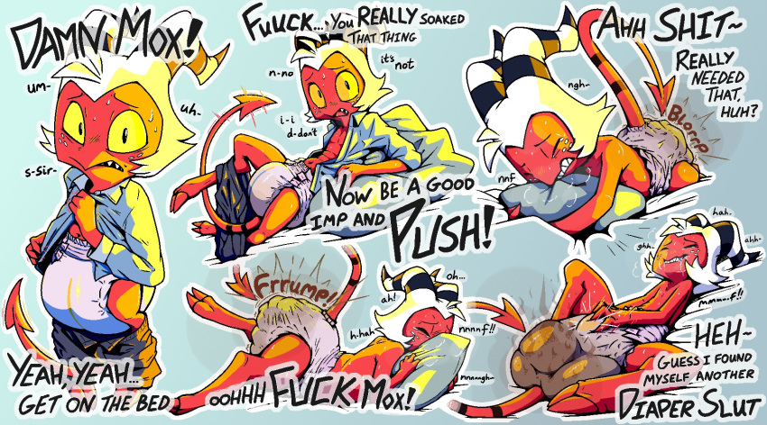 anthro blorp bodily_fluids bottomwear bottomwear_down breath clean_diaper clothed clothing demon dialogue diaper diaper_masturbation diaper_only digital_media_(artwork) drooling embarrassed english_text feces genital_fluids hair hellaverse helluva_boss hi_res holding_object holding_pillow horn humanoid imp lying male masturbation moan moxxie_(helluva_boss) multiple_images multiple_poses off-screen offscreen_male on_back on_front open_clothing open_mouth open_shirt open_topwear pants pants_down partially_clothed pillow pooping pose profanity raised_tail red_body requesting rubbing_diaper saliva scrunchy_face shirt simple_background smelly soiled_diaper soiling soiling_diaper solo sound_effects standing stink_cloud stink_fumes stink_lines striped_horn stripes sweat tail text topless topwear tyggles_(artist) unclean_diaper urine used_diaper using_diaper wearing_diaper wet_diaper white_hair