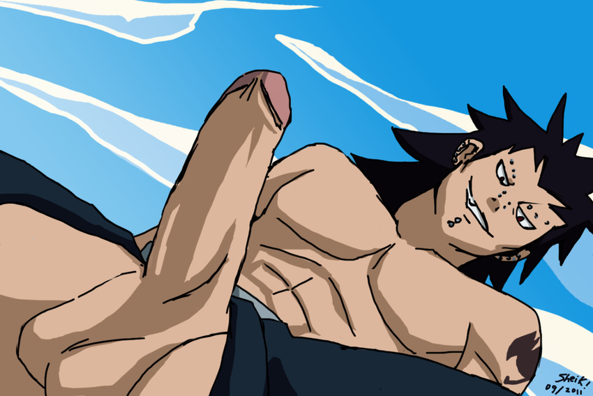 1boy abs bara buranko! fairy_tail gajeel_redfox looking_at_viewer male_focus muscle naughty_face pecs penis pov solo testicles topless yaoi