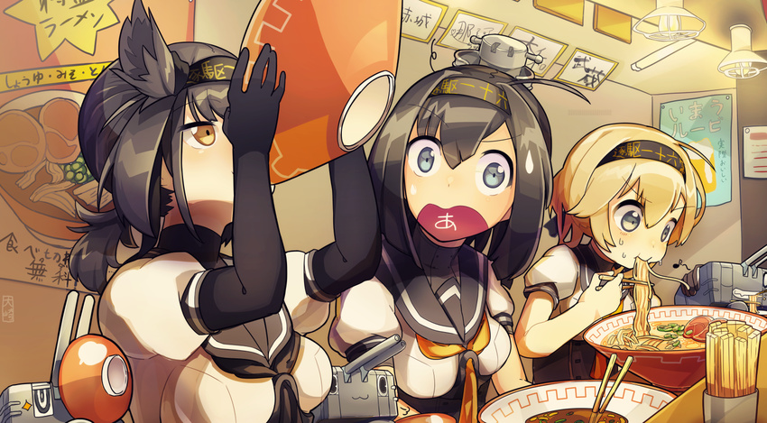 :3 a ahoge akizuki_(kantai_collection) al_bhed_eyes bad_id bad_pixiv_id black_gloves black_hair blue_eyes bodysuit bowl breasts brown_eyes brown_hair chopsticks chou-10cm-hou-chan chou-10cm-hou-chan_(hatsuzuki's) chou-10cm-hou-chan_(teruzuki's) clothes_writing corset eating food gloves hachimaki hair_flaps hair_ornament hairband hatsuzuki_(kantai_collection) headband holding indoors kantai_collection light_brown_hair long_hair multiple_girls neckerchief noodles one_eye_closed open_mouth osaki_naya ponytail poster_(object) ramen school_uniform serafuku short_hair short_ponytail short_sleeves small_breasts sparkle surprised sweat sweatdrop teruzuki_(kantai_collection) turret